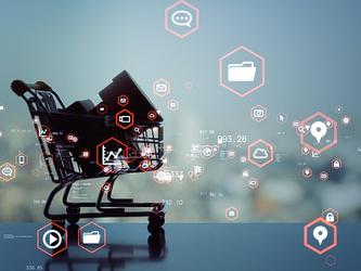 Shopping trolley with a technology background, indicating consumer confidence